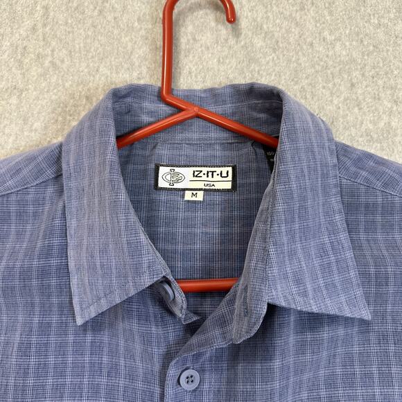 Iz It U Shirt Men Sz M Blue Button Up Plaid Collared Long Sleeves Casual Dadcore - Picture 3 of 7